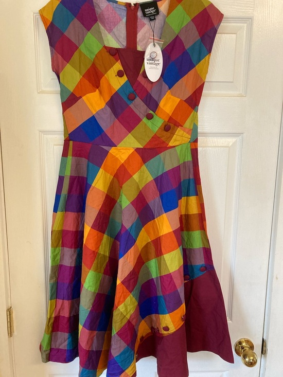 Unique Vintage Dresses & Skirts - Unique Vintage Retro 50s Rainbow Plaid Fit-and-Flare Dress